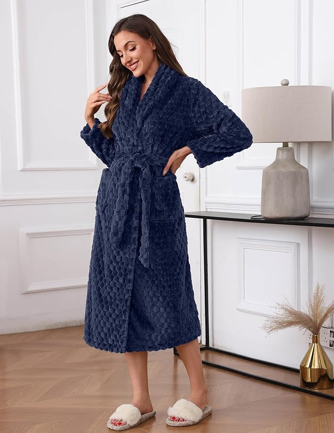 Ekouaer Women's Robe Long Plush Soft Bathrobe Jacquard Color Block Robes Shawl Collar Sleepwear with Pockets S-XXL
