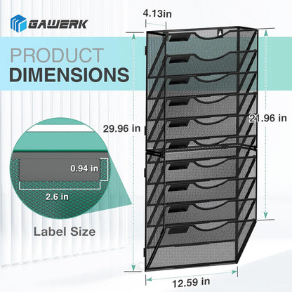 10-Tier Wall File Organizer Hanging Wall File Holder Wall Mount Paper Folder Organize, Mesh Magazine Document Mail Organizer Wall Organizer for Office School Home, Black