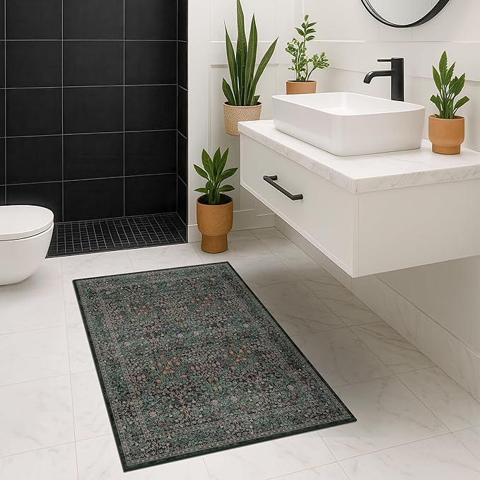 Dark Green Washable Entry Rug, 3x4 Rugs for Entryway Kitchen Bathroom Door Mat Indoor Entrance, Non Slip Rubber Backing, Stain & Fade Resistant, Vintage Floral Design