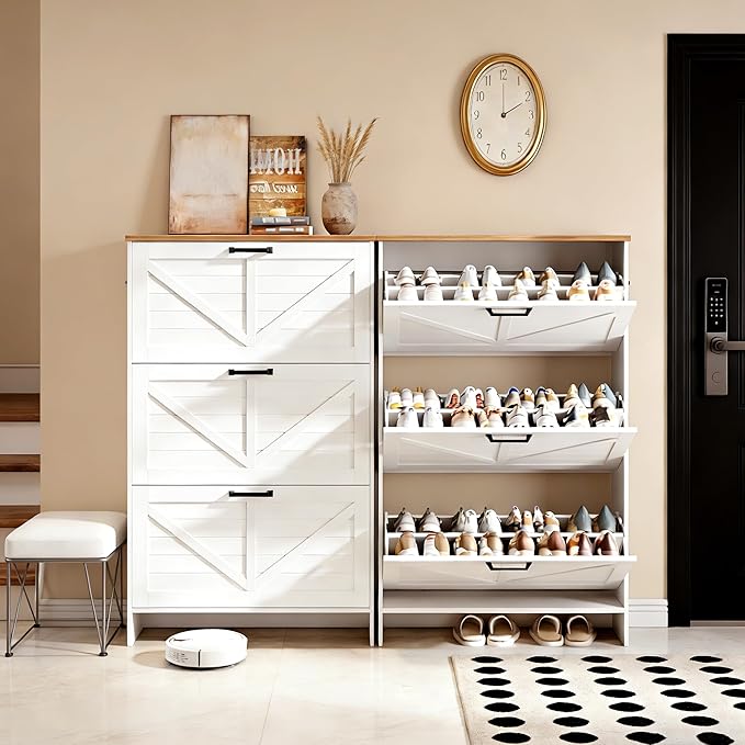 Nicetree Shaker Barn Door Shoe Storage Cabinet for Entryway, 3 Flip Drawers & 3-Tier Adjustable Shelves, Ultra Slim Freestanding, Modern Rustic Brushed White Farmhouse Shoe Rack for Hallway, Foyer