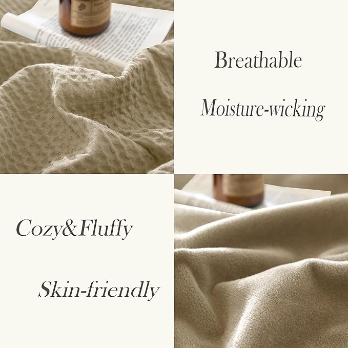 CHUFFED Cotton Waffle Blanket King Size - Plush Milk Velvet & Reversible Waffle Weave,Anti-Static 300Gsm Design，Thick Cozy Soft Winter Blanket for Bed, Couch, Sofa - Khaki, 104x90 Inches