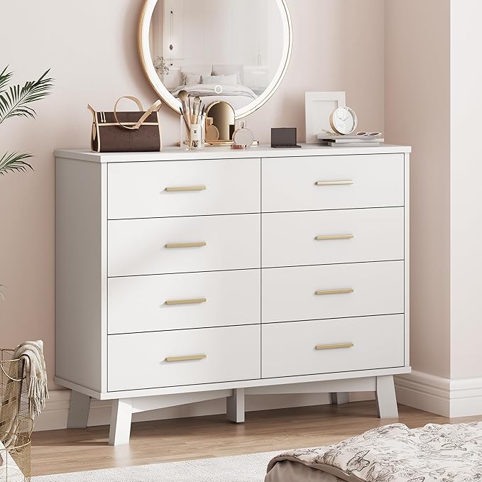Dresser for Bedroom, 8 Drawer Wide Modern Chest of Drawers with X-Shaped Sturdy Base, Wood Double Dresser Closet Clothes Storage Organizer, Wooden TV Stand for Living Room, Hallway, White