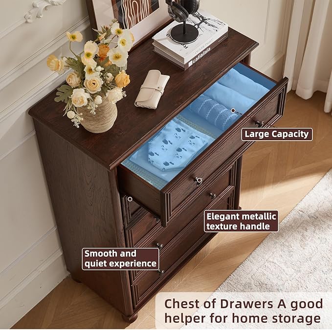 Farmhouse 5 Drawers Dresser for Bedroom, Wood 45" Tall Chest of Drawers, Dresser Rustic Storage Dressers Organizer with Metal Handle Closet for Living Room, Hallway Entryway(Walnut)