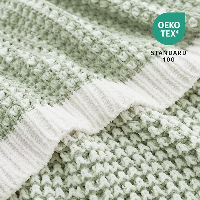 Amélie Home Waffle Chenille Throw Blanket for Couch, Pineapple Stitch Knit Soft Cozy Knit Blanket Decorative Throw for Sofa, Chair, 60 * 80", Sage Green&Ivory