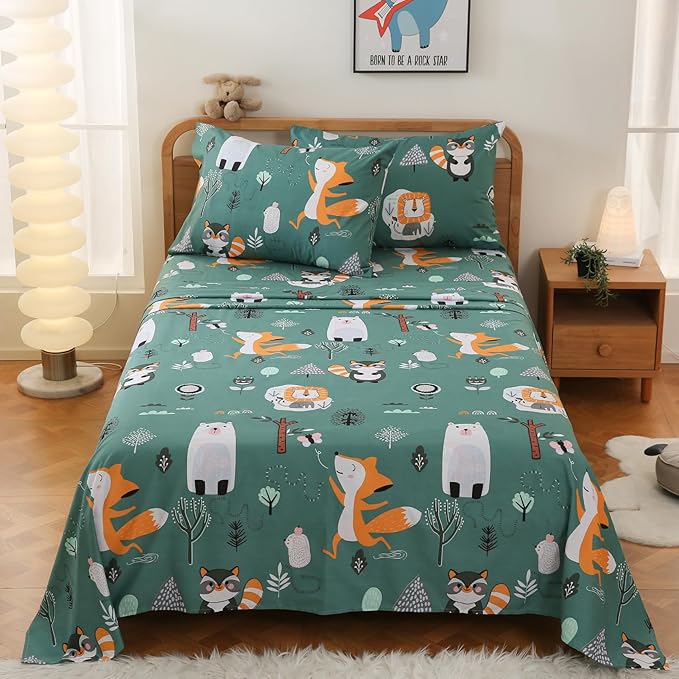 JSD Green Forest Animals Kids Sheet Set Full Size, 4 Piece Woodland Printed Microfiber Bed Sheets Deep Pocket