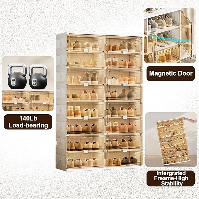 32 Pairs Shoes Storage Cabinet of 3-Step Fast Installation,Plastic Shoe Rack with Clear Magnetic Door for Display, Shoe Organizer for Sneaker, Sandals, Heels (2 Row, 8 Tier)