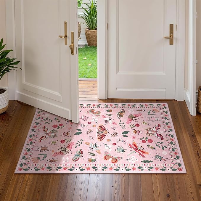 Lahome Insect Washable Rug, 2x3 Kitchen Rugs for Entryway Bathroom, Soft Door Mat Indoor Entrance Ultra-Thin, Small Non-Slip Throw Carpet for Bedroom Entry, Pink