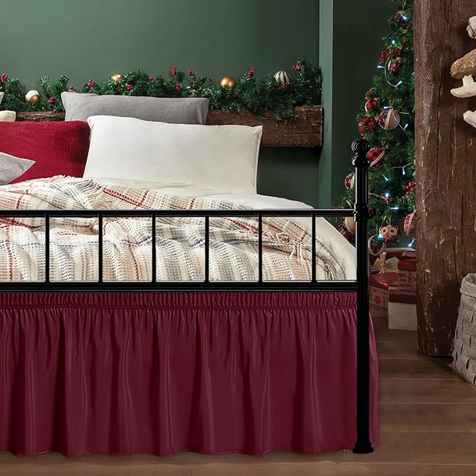 Biscaynebay Wrap Around Bed Skirts with Split Corners for Queen Beds 14" Drop, Burgundy Elastic Dust Ruffles Adjustable Easy Fit Wrinkle & Fade Resistant Silky Luxurious Fabric Machine Washable