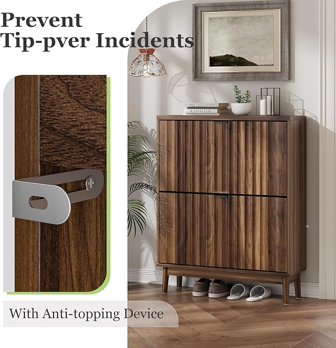 Shoe Storage Cabinet with 2 Flip Drawers, Walnut Fluted Narrow for Entryway, Slim Shoe Rack Cabinet Organizer 31.5in
