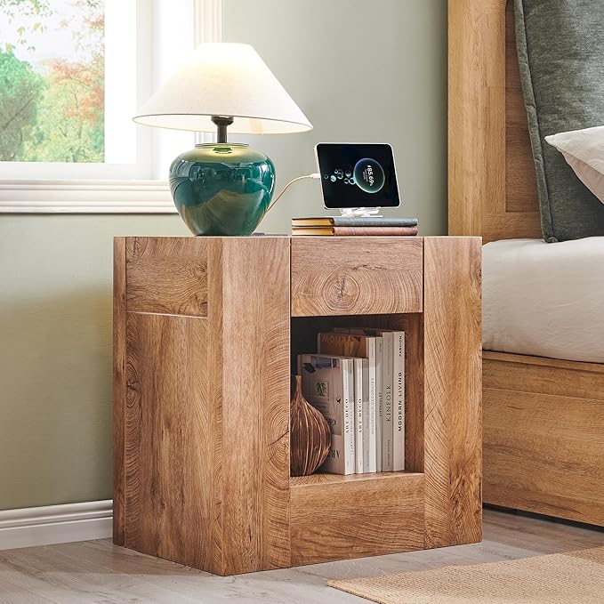 OKD 24'' Modern Nightstands Set of 2, Large Wooden End Table with Charging Station & Drawer & Storage Shelf, Rustic Square Bedside Table for Bedroom, Living Room, Wood Thick Design,Light Tree Knot