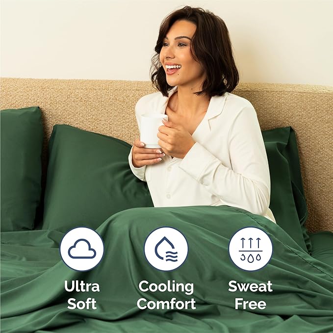 Split King 7 Piece Sheet Set - Cooling & Breathable - Hotel Luxury Bedding, Includes Fitted Sheets for Women, Men, Kids and Teens - 1 Flat, 2 Fitted Sheets, 4 Pillowcases with Deep Pockets - Emerald