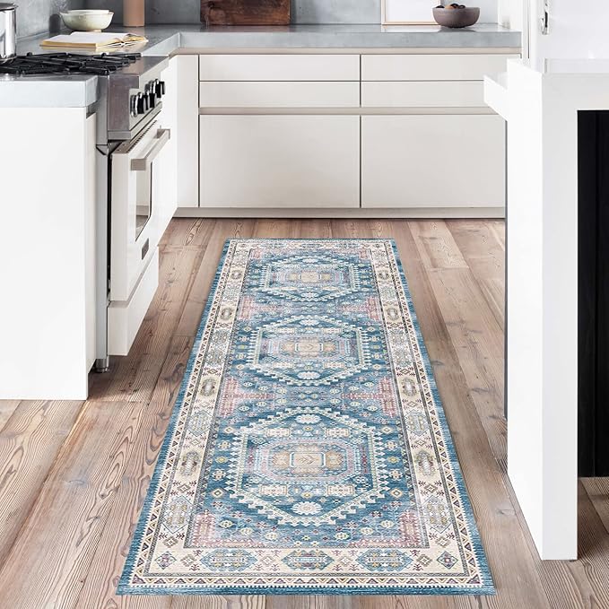 vivorug Blue Runner Rug 2x10 Machine Washable Rug with Non-Slip Backing, Ideal for Kitchen Hallway Entryway Laundry Room - Vintage, Durable, Easy Clean, Low Pile Carpet Runner