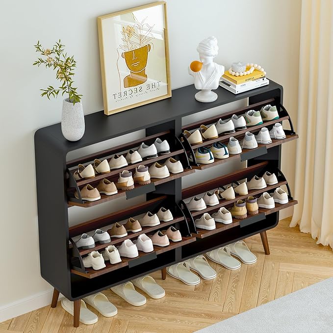 47" Fluted Large Shoe Cabinet with 4 Flip Drawers, Slim Freestanding Shoe Cabinet Organizer, Narrow Shoes Storage Rack for Entryway, 5 Sturdy Legs (Walnut with black, 9.45"D x 47.24"W x 35.83"H)