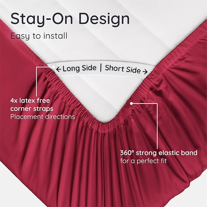 Bambaw 100% Viscose Derived from Bamboo Fitted Sheet Only, Full Size Fitted Bed Sheets Only, Cooling Fitted Sheet Full Size, 15’’ Deep Fitted Sheet with Straps, Soft Fitted Full Sheet Only (Burgundy)