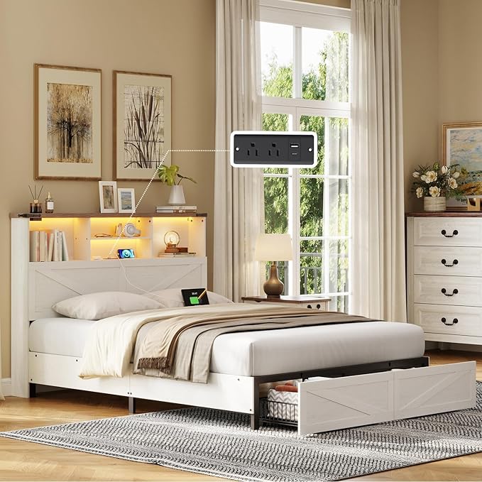 Full Size Bed Frame with Bookshelf, High Headboard with Charging Station and LED Light, Farmhouse Bed with Storage Drawers, No Box Spring Needed, Noise Free, Easy Assembly, Antique White
