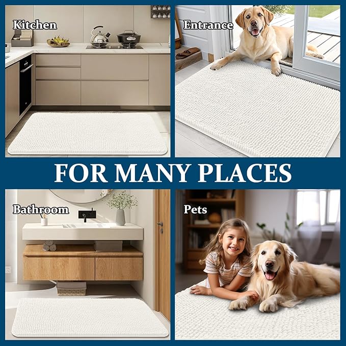 OLANLY Dog Door Mat for Muddy Paws 30x20, Absorbs Moisture and Dirt, Absorbent Non-Slip Washable Doormat, Quick Dry Chenille Mud Mat for Dogs, Entry Indoor Entryway Carpet for Inside Floor, Ivory