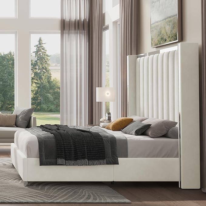 Jocisland King Size Bed Frame with 58" Tall Headboard, Platform Velvet Upholstered Bed with Channel Tufted Wingback Headboard and Plating Trim, No Box Spring Needed, Cream