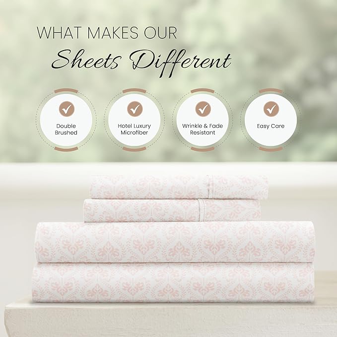 Linen Market Double-Brushed Patterned Microfiber California King Sheet Set 4 Piece – Oeko-TEX Certified Ultra Soft & Wrinkle-Free - 16" Deep Pocket Sheets Easy Care Cal-King Size - Classic in Pink