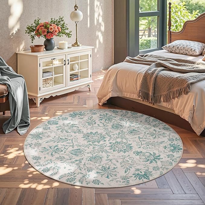 jinchan Torino Classic Floral Round Rug 6ft Vintage-Inspired Design 6’Circle Rug Machine Washable Ultra-Thin Low-Pile Non-Slip Indoor Carpet for Bedroom Dining Room Living Room Entryway