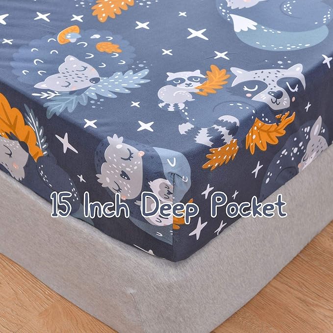 JSD Navy Blue Owl Kids Sheet Set Full Size, 4 Piece Forest Animals Printed Microfiber Bed Sheets Deep Pocket