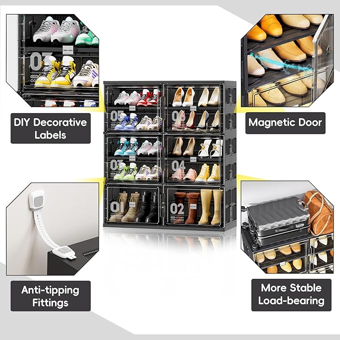 JEKO&JEKO 5 Tiers Foldable Boot Storage Shoe Rack Cabinet for Closet Entryway, Large Collapsible Shoe Organizer with Magnetic Doors (Black)