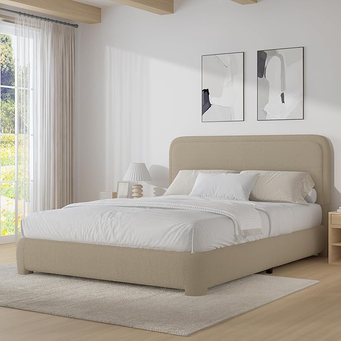 BarnFurin Full Size Bed Frame,Cloud Boucle Upholstered Platform Bed Frame with Headboard, Modern Style, Soft Rounded Corners, No Box Spring Required, Easy Assembly, Beige