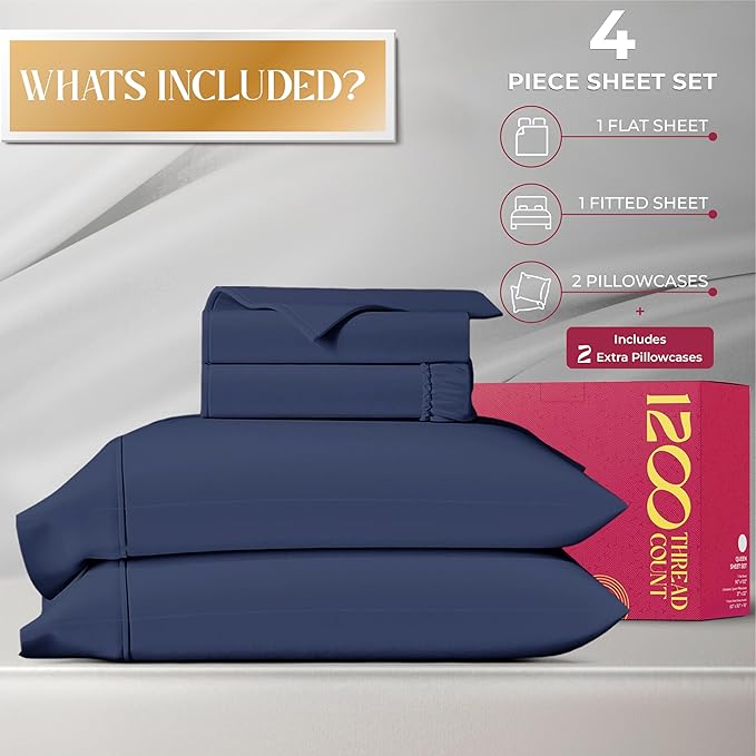 Mayfair Linen 100% Egyptian Cotton Queen Sheet Set - Luxury 1200 High Thread Count Egyptian Cotton Sheets Queen Size (4 PC, Navy Blue), Silky Soft, Cooling, 17" Deep Pocket Sateen Weave Hotel Bedding