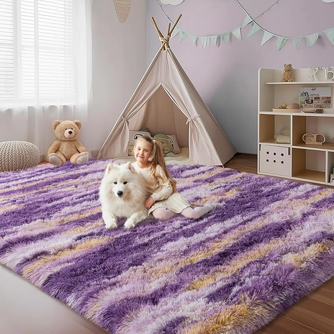 Fluffy Rugs for Living Room Bedroom, 4x6 Feet Abstract Purple Shag Area Rug, Non-Slip Indoor Modern Fuzzy Plush Floor Carpet for Dorm Nursery Kids Room Decor, Soft Shaggy Throw Rug