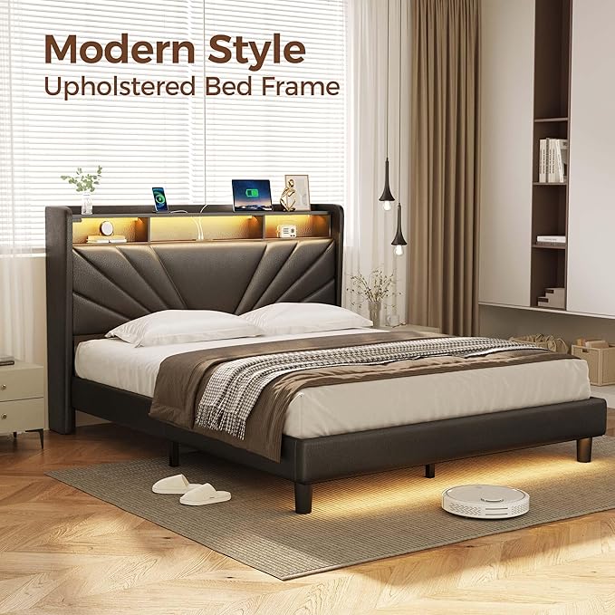 Rolanstar Full Size Bed Frame, Storage Headboard with Charging Station and LED Lights, Upholstered Bed with Heavy Duty Wood Slats, No Box Spring Needed, Noise Free, Easy Assembly, Black