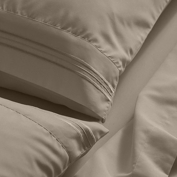 Mellanni Full Sheet Set - 6-Piece Iconic Collection Bedding, (Including 4 Pillowcases), 21-Inch Extra Deep Pocket, Easy Care, Ultra Soft, Cooling Sheets, Brushed Microfiber - Tan