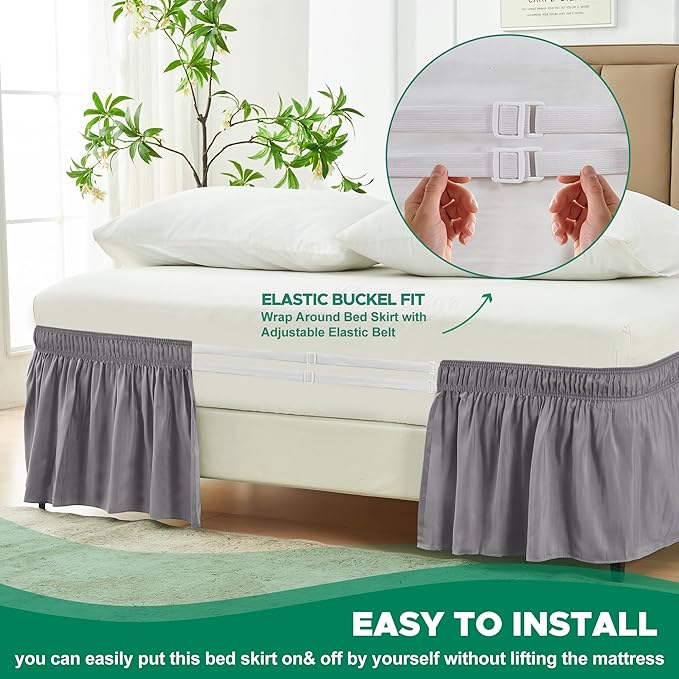 Biscaynebay Wrap Around Bed Skirts for Full & Full XL Beds Long Drop of 18", Silver Grey Adjustable Elastic Dust Ruffles Easy Fit Wrinkle Resistant Silky Luxurious Fabric Machine Washable