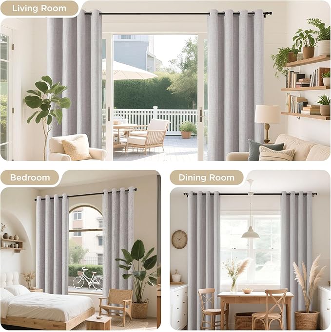 Joydeco 100% Blackout Linen Curtains 90 Inches Long 2 Panels, Thermal Insulated Burlap Curtain & Drapes, Grommet Room Darkening Textured Curtains for Bedroom Living Room (52x90 inch,Greyish White)