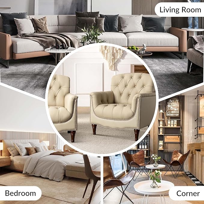 HULALA HOME Mid Century Modern Leather Club Chairs Set of 2, Top-Grain Genuine Leather Armchairs with Button-Tufted Back & Solid Wood Legs, Accent Chairs for Living Room/Bedroom/Home Office, Beige