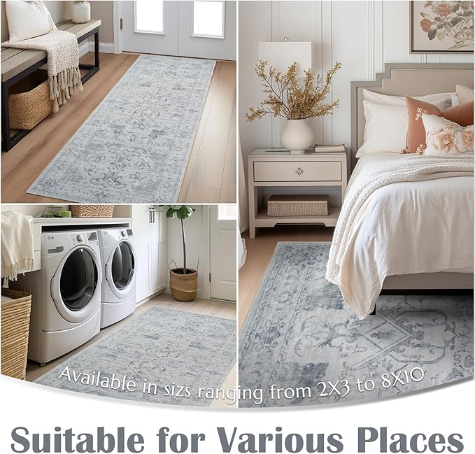 jinchan 8x10 Area Rugs for Living Room Washable Soft Throw Rug Ultra-Thin Stain Resistant Non-Slip Distressed Vintage Floral Large Carpet for Bedroom,Dining Room,Home Office,Nursery (8x10ft,Grey)