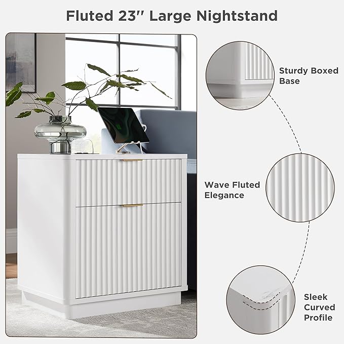 T4TREAM 23'' Fluted Nightstand Set of 2 with Charging Station, Large 2 Drawer Bedside Table, Modern End Table with Storage, Mid Century Night Stand for Bedroom Living Room, Curved Profile, Solid White