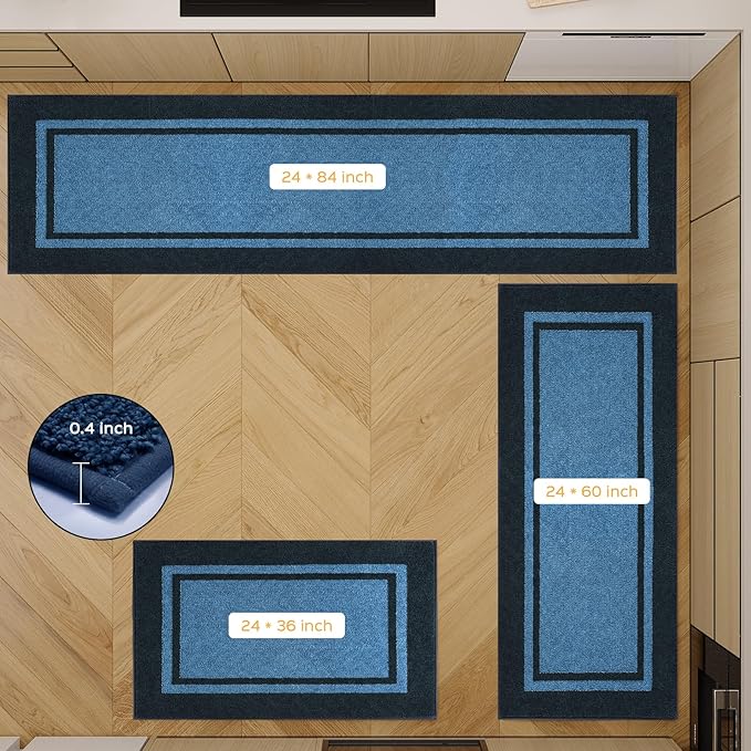 Kitchen Rugs 24" x 84", Non-Slip Machine Washable Kitchen Runner Rugs Floor Mats, Absorbent Comfort Standing Mats for Kitchen, Sink, Laundry and Hallway, Rolled Packaging, Light Blue & Navy