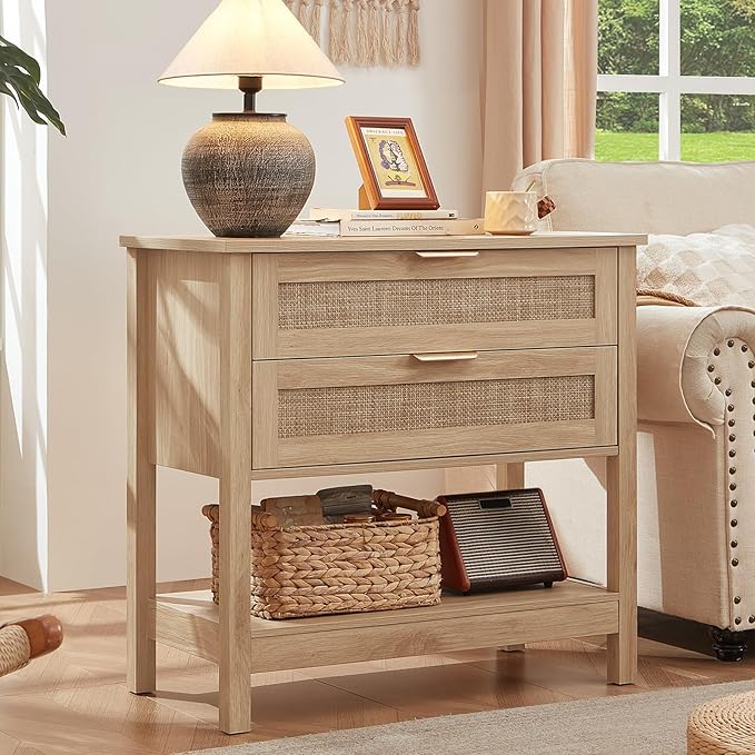 LEYAOYAO 31.5" Wide Rattan Night Stands Set 2, Oversized Large Boho Nightstand with 2 Drawer, Natural Wood Bed Side End Tables with Storage Shelf, Tall Bedside Table for Bedroom Living Room, Hallway