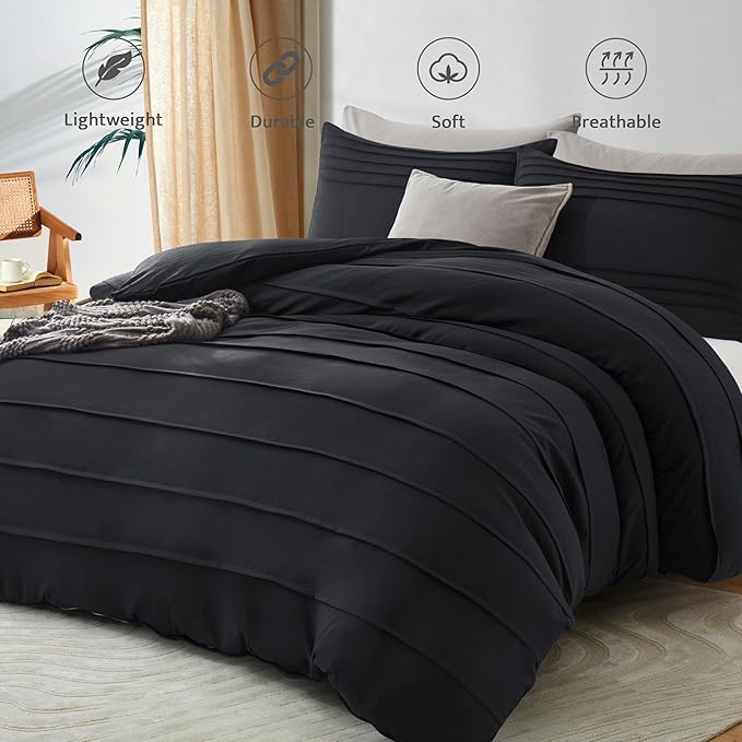 Oli Anderson Black Duvet Cover King Size - Pleated King Duvet Cover, 3PCS Soft and Breathable Textured Bedding Set with Zipper Closure(Black,104"x90")