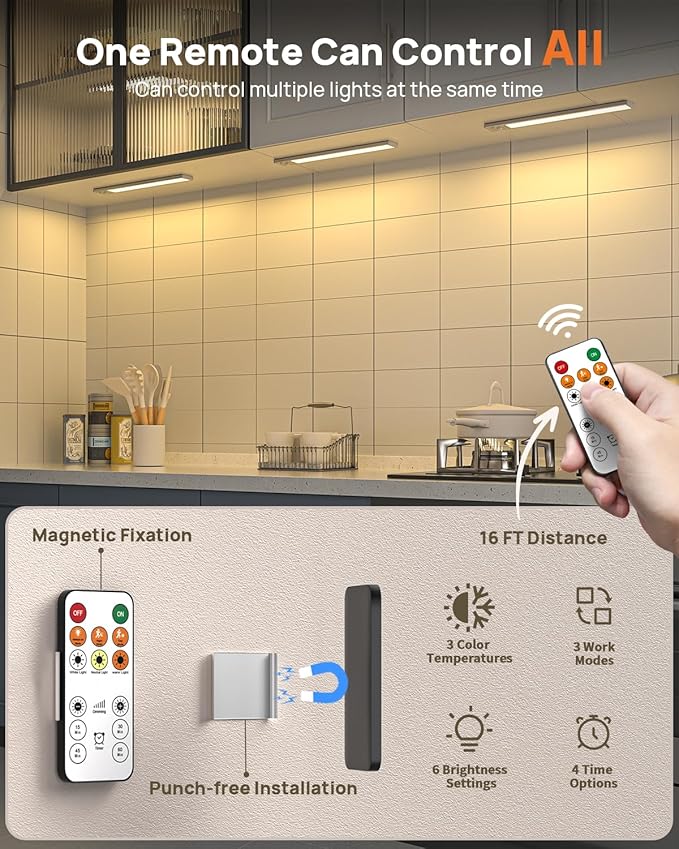 Under Cabinet Lighting Wireless,16 inch LED Motion Sensor Light Indoor, USB Rechargeable Closet Lights with Remote Control, 3 Color Temps Under Counter Lights for Kitchen, Wardrobe, Stairs, 4 Pack