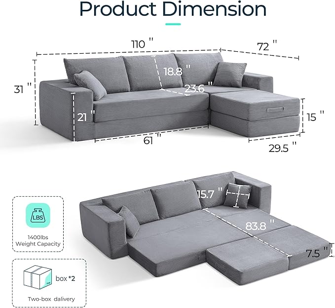 LINSY HOME Convertible Sofa Bed with 2 Pillows & Ottoman, Boneless Couch Folding Modular Sectional Sleeper Sofa, L Shaped Sofas Corduroy Couch Bed Compression Sofa for Living Room Apartment, Grey