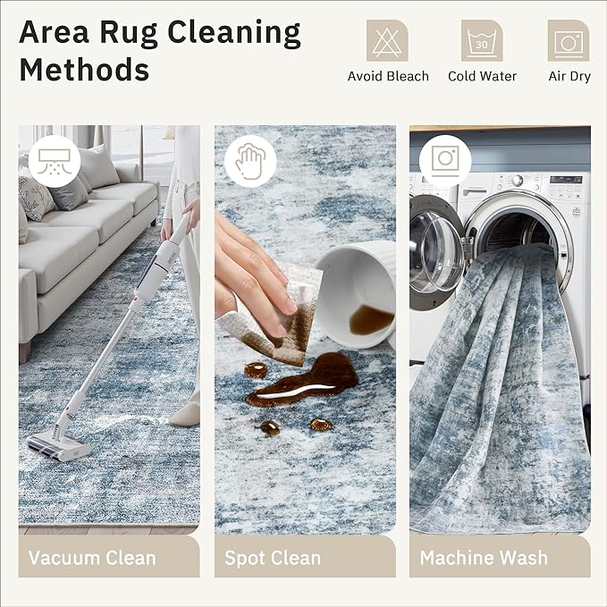 9x12 Area Rugs for Living Room, Abstract Non Slip Machine Washable Vintage Rugs, Low Pile Lightweight Large Rug for Bedroom, Dining Room, Home Office Blue