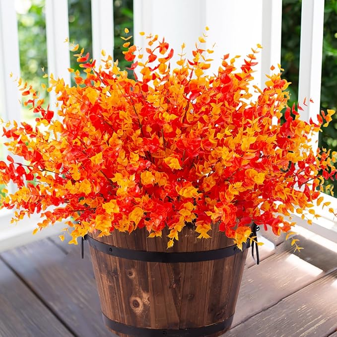 HyeFlora Artificial Fall Flowers Faux Mums for Outdoor Indoor Garden Home Decoration, Faux Flower Daisy with Eucalyptus Leaves Fake Plants Greenery Boxwood Porch Patio, 12 Bundles (Orange Eucalyptus)