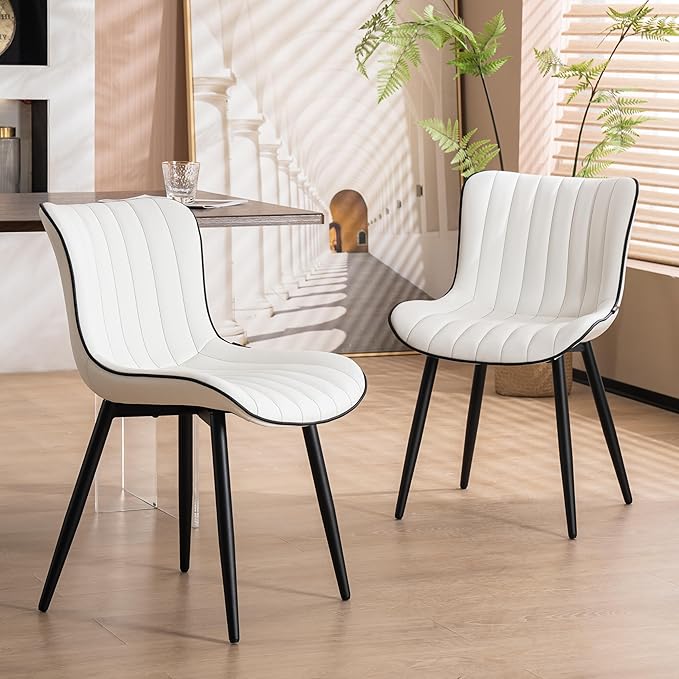 YOUNUOKE Mid-Century Modern Dining Chairs Set of 2, White PU Leather Upholstered Kitchen Chairs with Black Metal Legs, Armless Accent Chair for Dining Room, Guest Reception Room