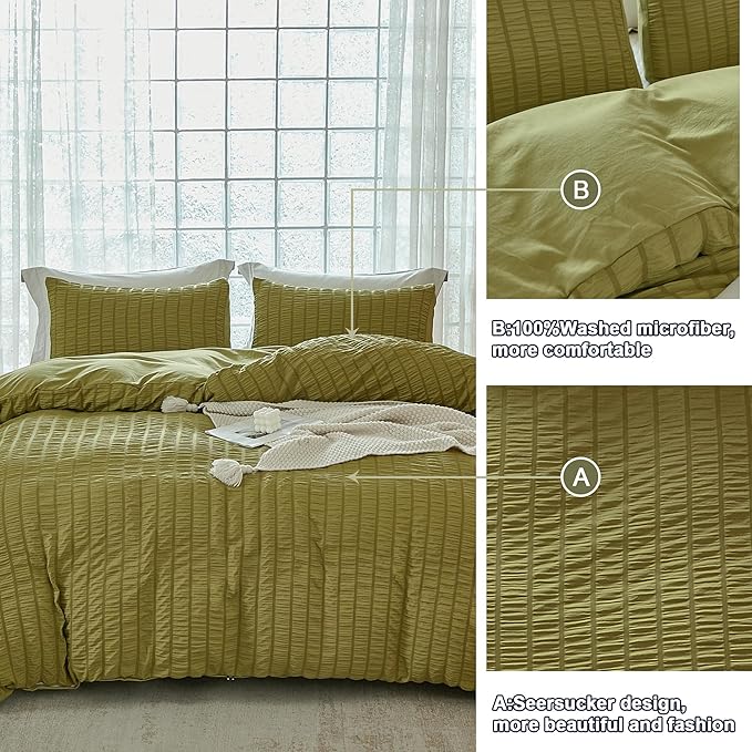 AveLom Olive Green Seersucker Duvet Cover Set Full Size (80 x 90 inches), 3 Pieces (1 Duvet Cover + 2 Pillow Cases), Ultra Soft Washed Microfiber, Textured Duvet Cover with Zipper Closure, Corner Ties