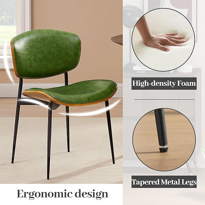 Art Leon Dining Chairs Set of 4 - Walnut Bentwood, Mid Century Modern Dining Room Chairs, Faux Leather Upholstered Desk Chair with Black Metal Legs, Green