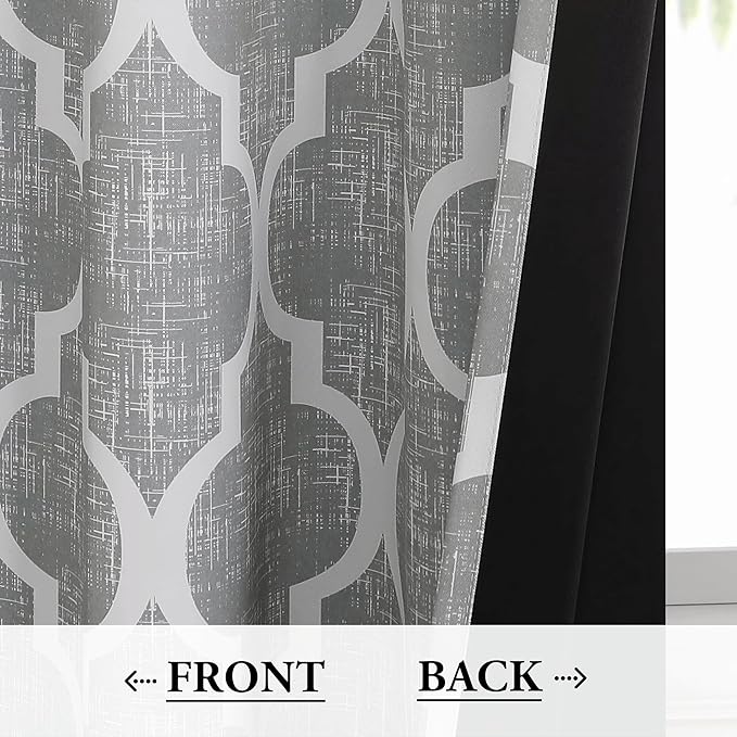 Beauoop 100% Blackout Curtains 96 Inches Long 2 Panels for Bedroom Living Room Grey Moroccan Geo Room Darkening Thermal Insulated Soundproof Grommet Top Window Treatments Drapes, 50x96 Set of 2