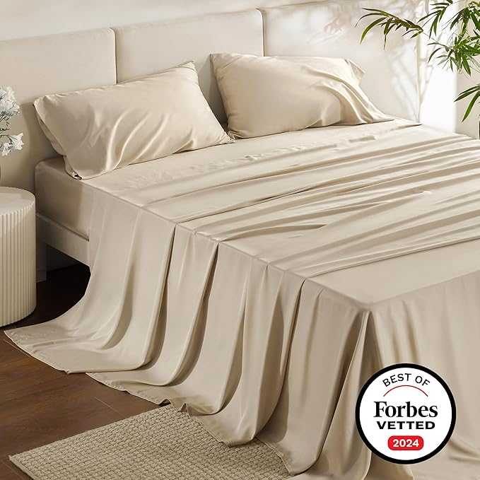 Bedsure Full Size Bed Sheets, Cooling Sheets, Rayon Derived from Bamboo, Breathable & Soft, Deep Pocket Up to 16 Inches, Hotel Luxury Silky Bedding for Hot Sleepers, Beige