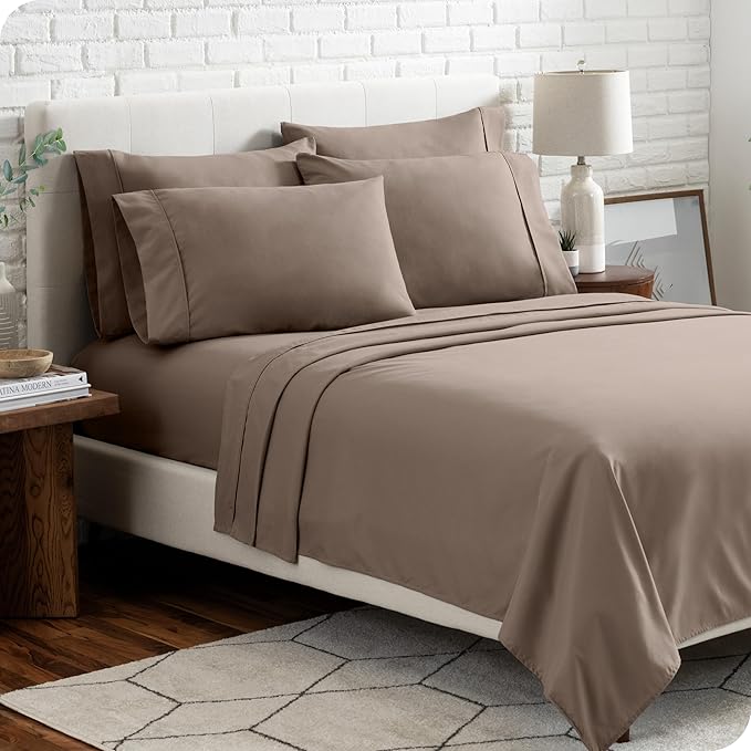 Bare Home Hotel Luxury Queen Sheet Set, Extra Soft - 6 Piece Set - Deep Pockets - Easy Fit - Cooling & Breathable - Wrinkle, Fade, Stain Resistant - Includes 4 Pillowcases (Queen, Taupe)
