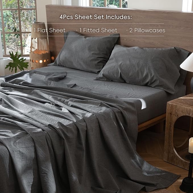 MooMee Bedding Sheet Set 100% Washed Cotton Linen Like Textured Breathable Durable Soft Comfy (Heathered Dark Grey, Queen)