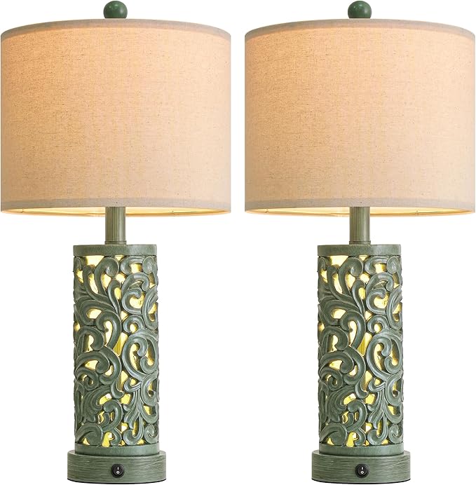OYEARS 22'' Table Lamp Set of 2 for Living Room, Farmhouse Lamp for Bedroom, Vintage Bedside Lamps with Retro Design and USB Ports, Linen Shade for Home Office (Bulb Included, Green)